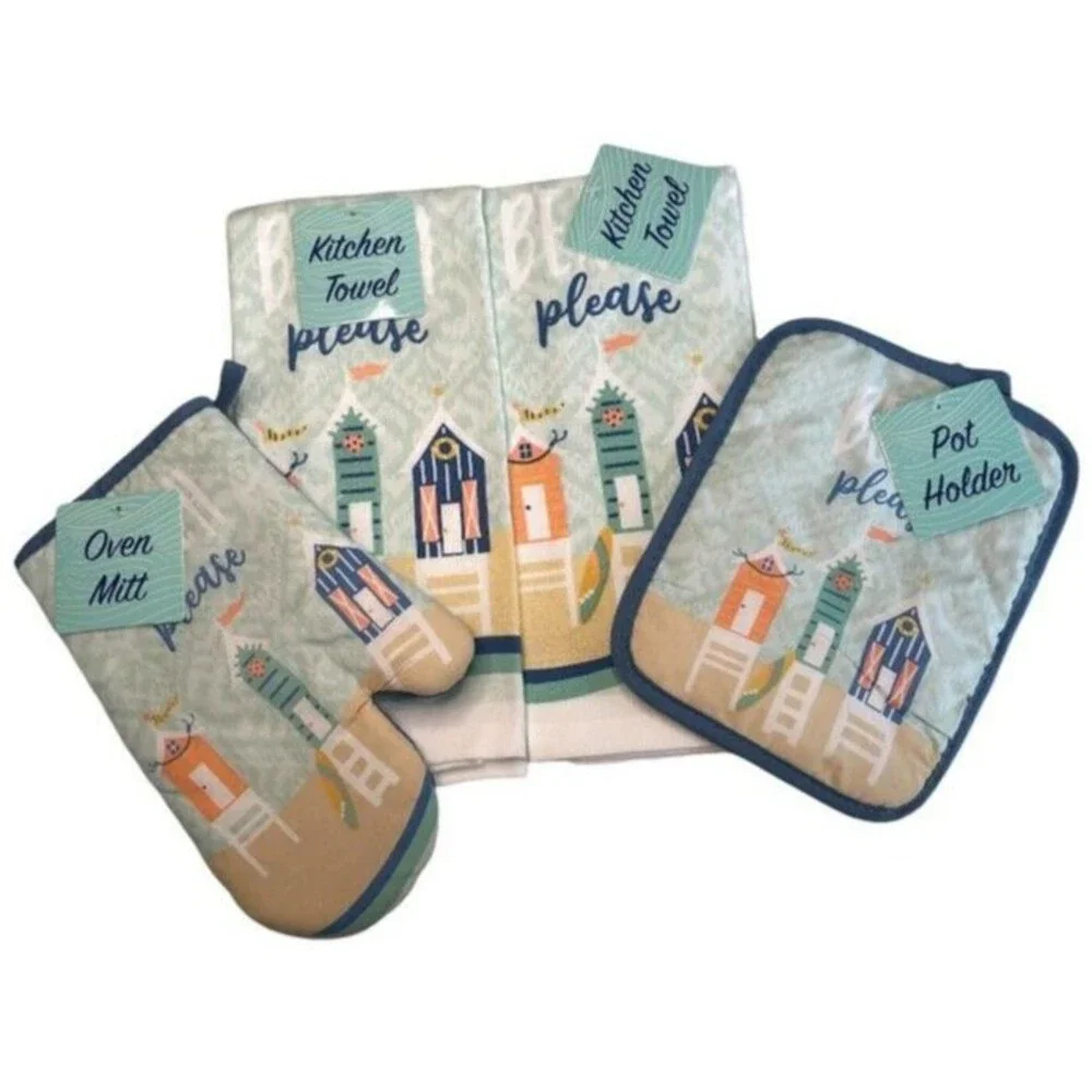 Beach Please Kitchen Towels Oven Mitt Potholder Set of 4 Cabana Summer Coastal
